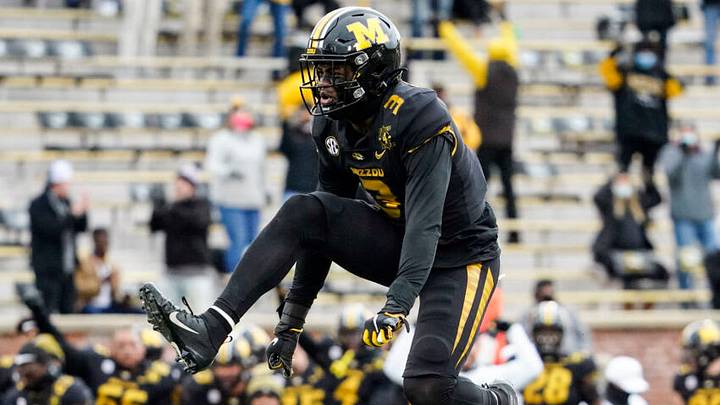 Dec 12, 2020; Columbia, Missouri, USA; Missouri Tigers safety Martez Manuel (3) celebrates after a sack against the Georgia Bulldogs during the first half at Faurot Field at Memorial Stadium. Mandatory Credit: Jay Biggerstaff-USA TODAY Sports